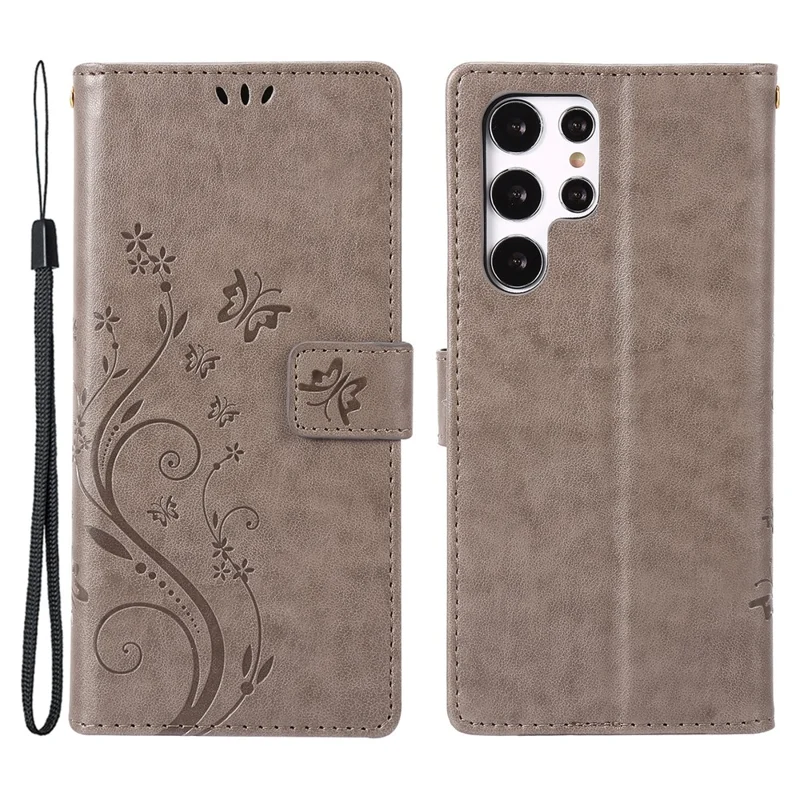 For Samsung Galaxy S24 Ultra Wallet Leather Cover Butterfly Imprinted Flip Stand Phone Case - Grey