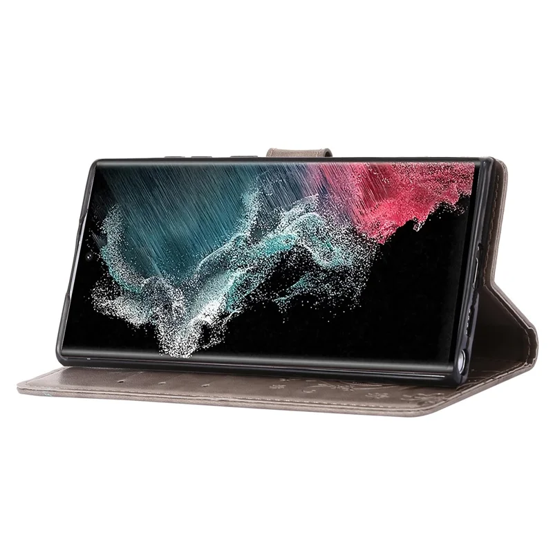 For Samsung Galaxy S24 Ultra Wallet Leather Cover Butterfly Imprinted Flip Stand Phone Case - Grey