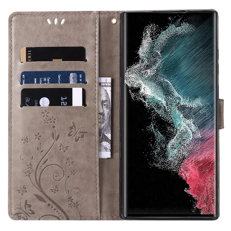 For Samsung Galaxy S24 Ultra Wallet Leather Cover Butterfly Imprinted Flip Stand Phone Case - Grey