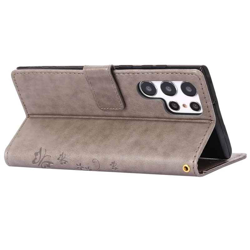 For Samsung Galaxy S24 Ultra Wallet Leather Cover Butterfly Imprinted Flip Stand Phone Case - Grey
