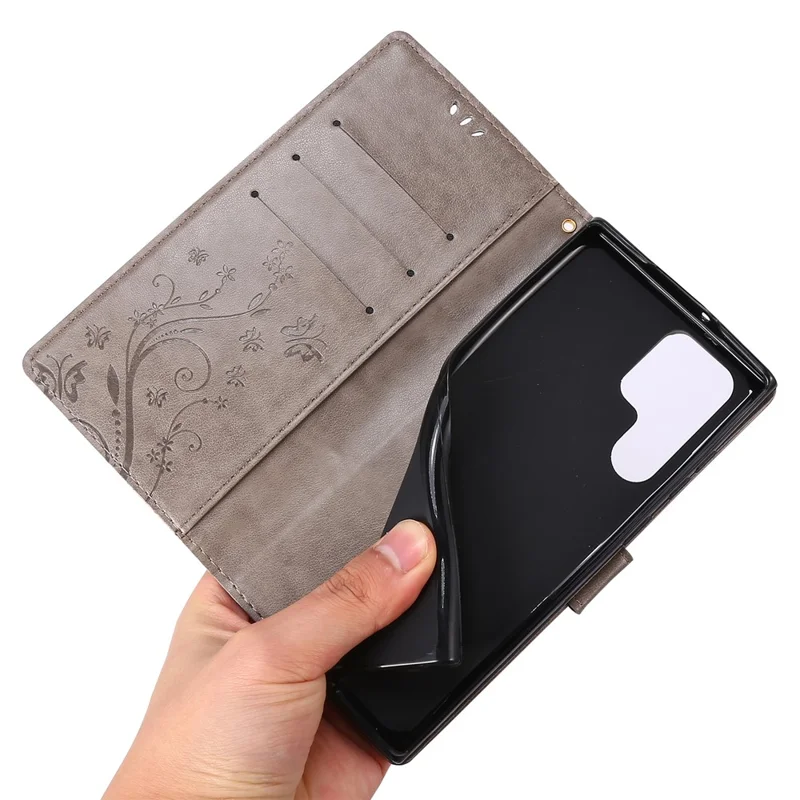 For Samsung Galaxy S24 Ultra Wallet Leather Cover Butterfly Imprinted Flip Stand Phone Case - Grey