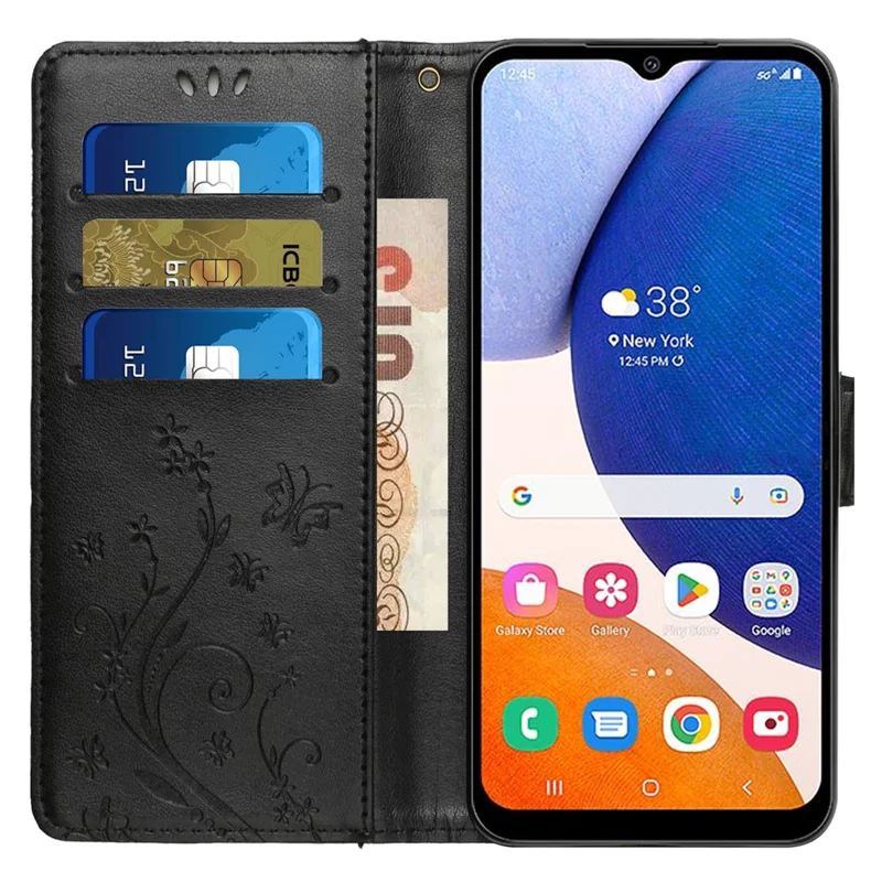 For Samsung Galaxy S24 Leather Case Butterfly Imprinted Phone Wallet Cover - Black