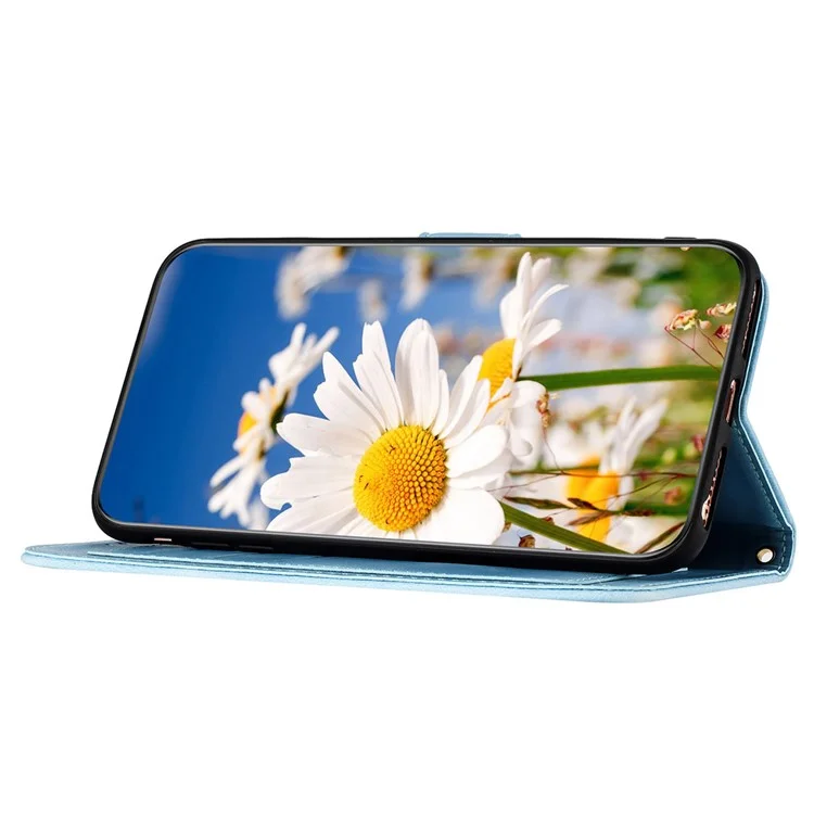 For Samsung Galaxy S24 Case PU Leather Flower Pattern Folio Phone Cover - Baby Blue
