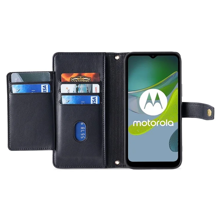 Für Motorola Moto G54 5G Case Reißverschluss-Kartenfach Geldbörse Handyhülle mit 2 Trageriemen - Schwarz