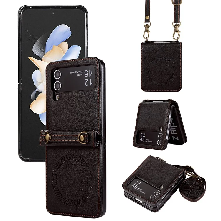 Para Samsung Galaxy Z Flip4 5G Caja TPU+PU Leather Cover Crossbody Bolso de Hombro Funda Magnética de Teléfono - Negro