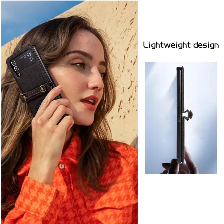 Para Samsung Galaxy Z Flip4 5G Caja TPU+PU Leather Cover Crossbody Bolso de Hombro Funda Magnética de Teléfono - Negro