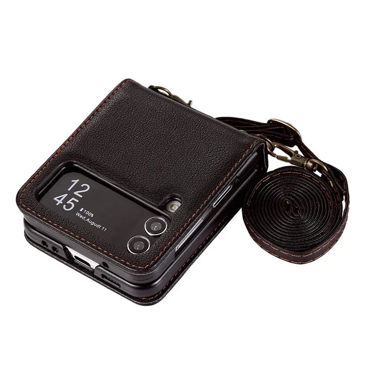 Para Samsung Galaxy Z Flip4 5G Caja TPU+PU Leather Cover Crossbody Bolso de Hombro Funda Magnética de Teléfono - Negro