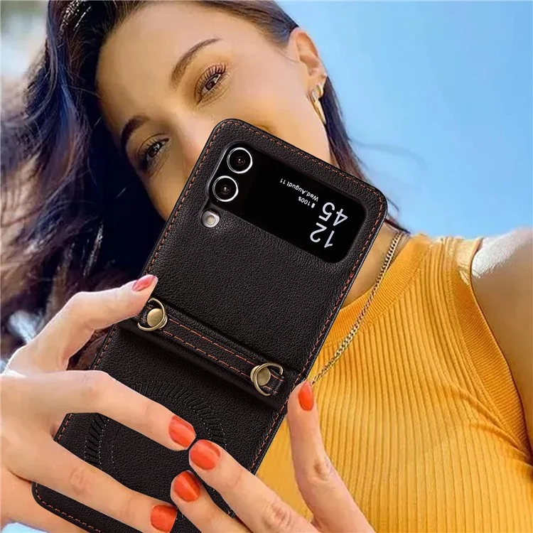 Para Samsung Galaxy Z Flip4 5G Caja TPU+PU Leather Cover Crossbody Bolso de Hombro Funda Magnética de Teléfono - Negro
