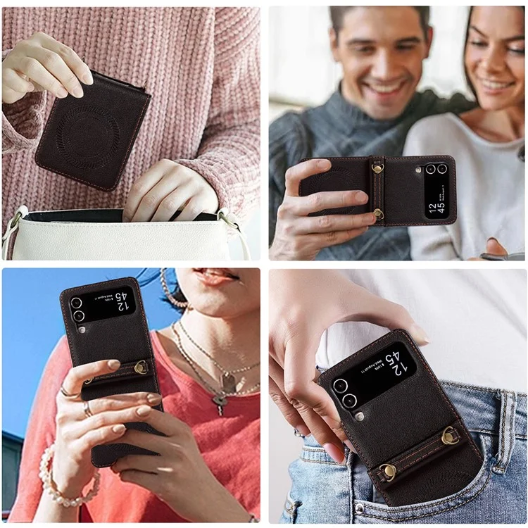 Para Samsung Galaxy Z Flip4 5G Caja TPU+PU Leather Cover Crossbody Bolso de Hombro Funda Magnética de Teléfono - Negro