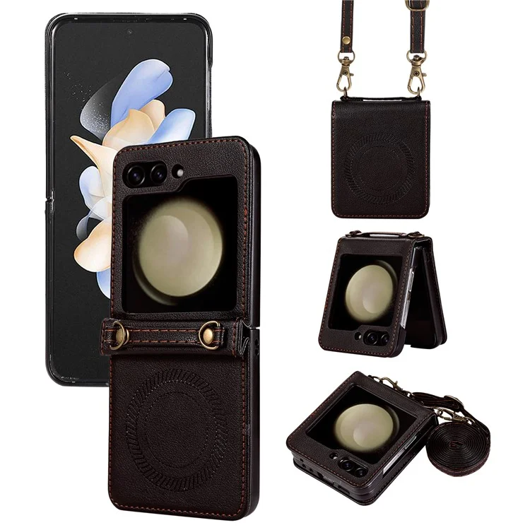 Para Samsung Galaxy Z Flip5 5G Funda Magnética para Teléfono Móvil Cáscara de TPU+PU Funda de Teléfono de Cuero con Correa - Negro