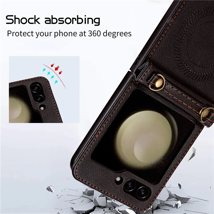 Para Samsung Galaxy Z Flip5 5G Funda Magnética para Teléfono Móvil Cáscara de TPU+PU Funda de Teléfono de Cuero con Correa - Negro