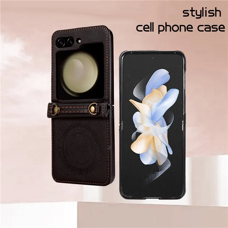 Para Samsung Galaxy Z Flip5 5G Funda Magnética para Teléfono Móvil Cáscara de TPU+PU Funda de Teléfono de Cuero con Correa - Negro
