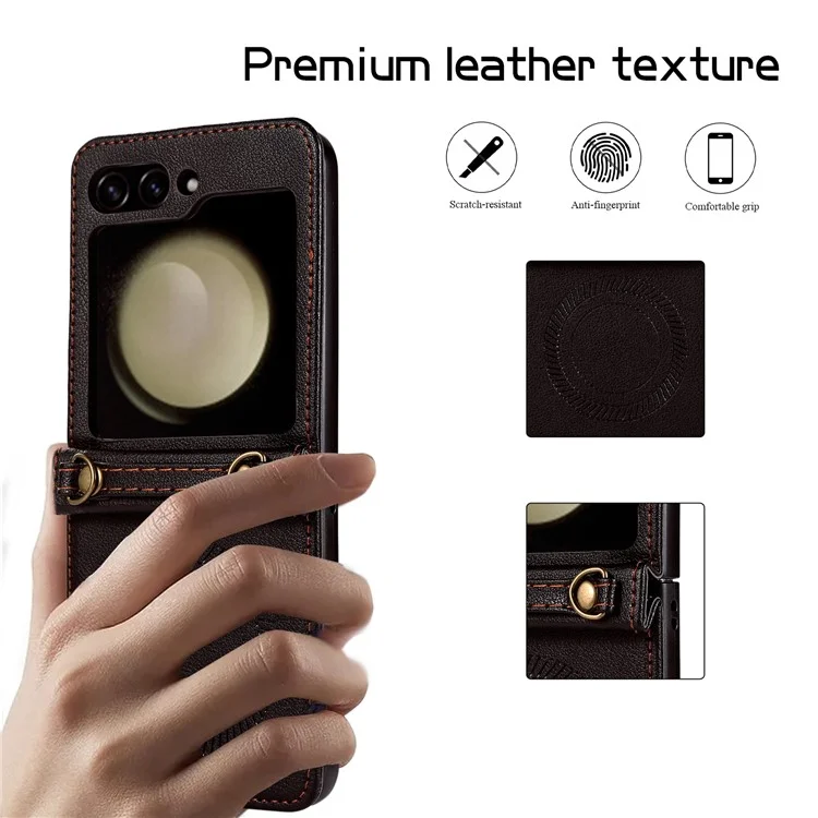 Para Samsung Galaxy Z Flip5 5G Funda Magnética para Teléfono Móvil Cáscara de TPU+PU Funda de Teléfono de Cuero con Correa - Negro