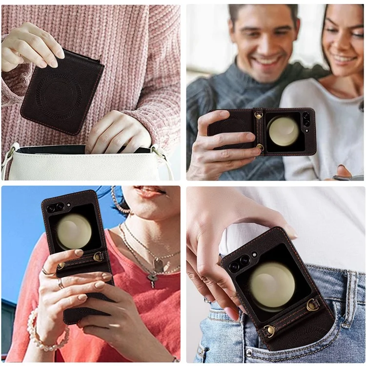 Para Samsung Galaxy Z Flip5 5G Funda Magnética para Teléfono Móvil Cáscara de TPU+PU Funda de Teléfono de Cuero con Correa - Negro