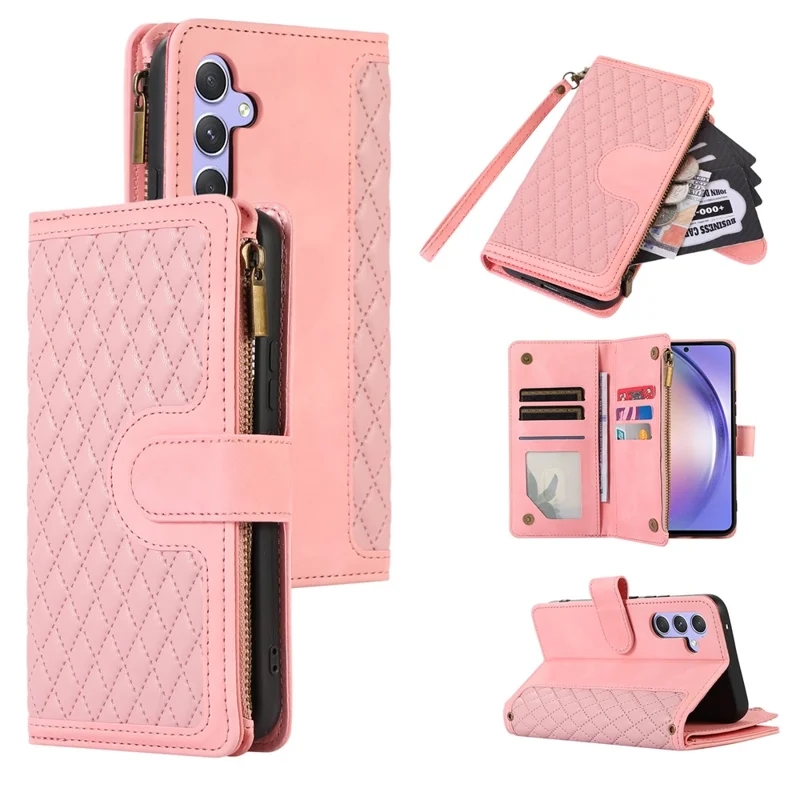 Capa para Samsung Galaxy S23 FE com 9 slots para cartões, Couro PU, Bolso com Zíper e Capa de Telefone - Rosa Dourado