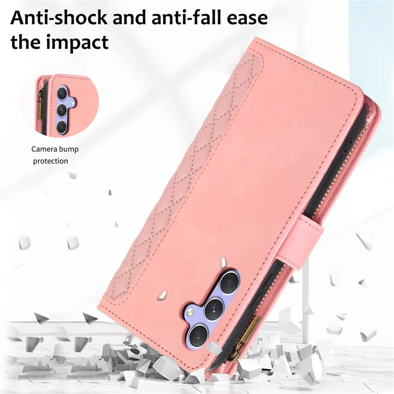 Capa para Samsung Galaxy S23 FE com 9 slots para cartões, Couro PU, Bolso com Zíper e Capa de Telefone - Rosa Dourado