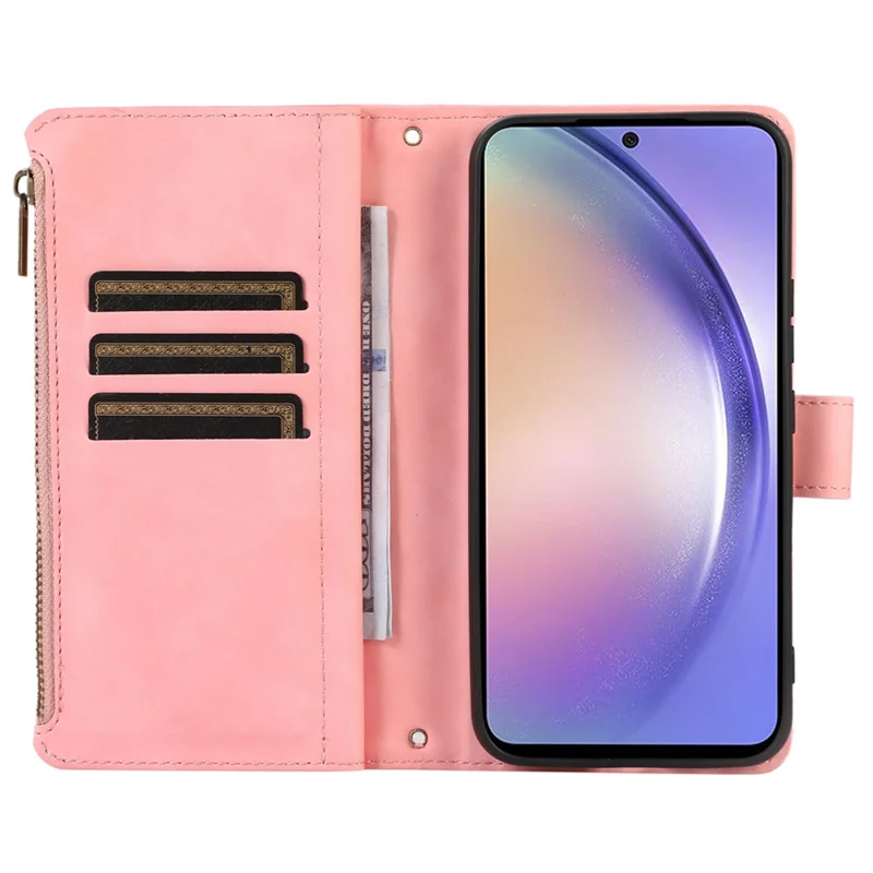 Capa para Samsung Galaxy S23 FE com 9 slots para cartões, Couro PU, Bolso com Zíper e Capa de Telefone - Rosa Dourado