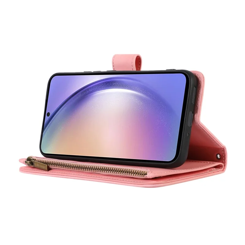 Capa para Samsung Galaxy S23 FE com 9 slots para cartões, Couro PU, Bolso com Zíper e Capa de Telefone - Rosa Dourado