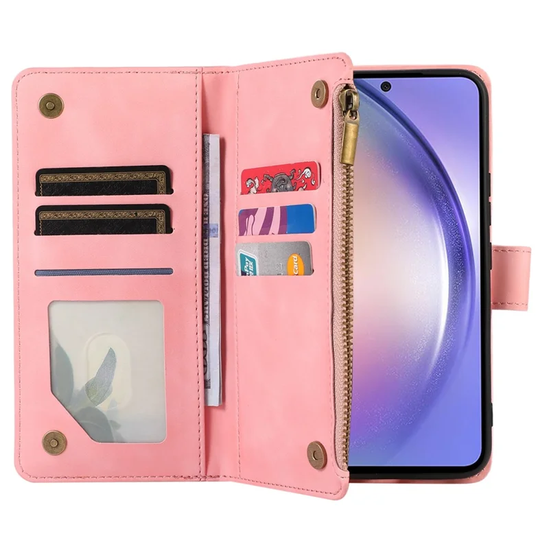 Capa para Samsung Galaxy S23 FE com 9 slots para cartões, Couro PU, Bolso com Zíper e Capa de Telefone - Rosa Dourado