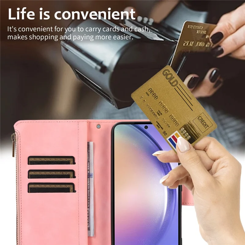 Capa para Samsung Galaxy S23 FE com 9 slots para cartões, Couro PU, Bolso com Zíper e Capa de Telefone - Rosa Dourado