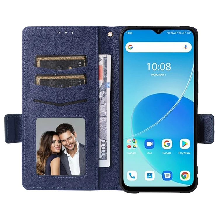 Para Umidigi G5 Mecha Leather Cell Phone Case Litchi Texture Wallet Cover with Strap - Dark Blue