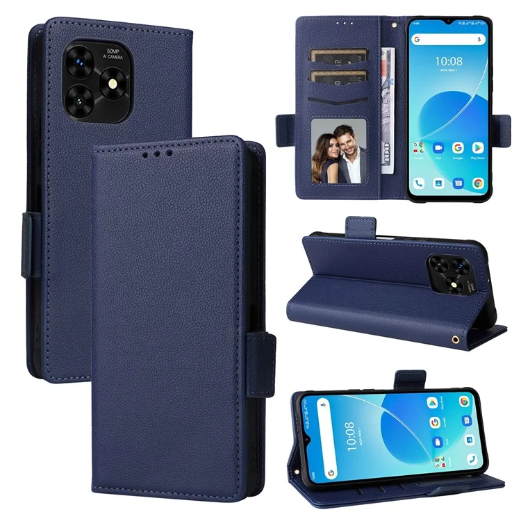 Para Umidigi G5 Mecha Leather Cell Phone Case Litchi Texture Wallet Cover with Strap - Dark Blue