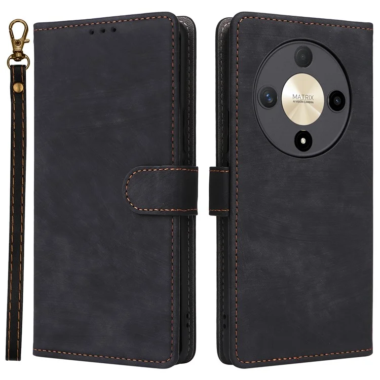 For Honor Magic6 Lite 5G / X9b 5G / X50 Case RFID Blocking Leather Wallet Phone Protection Cover with Strap - Black