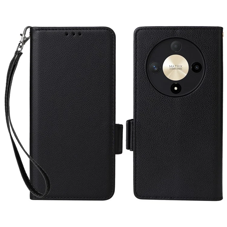 For Honor Magic6 Lite 5G / X9b 5G / X50 Cover PU Leather Wallet Cell Phone Case with Strap - Black