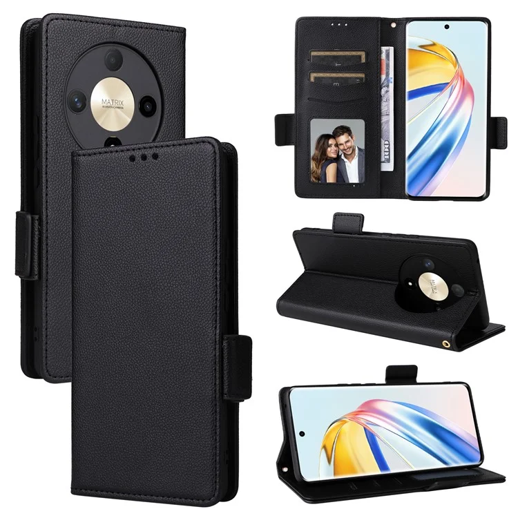 For Honor Magic6 Lite 5G / X9b 5G / X50 Cover PU Leather Wallet Cell Phone Case with Strap - Black