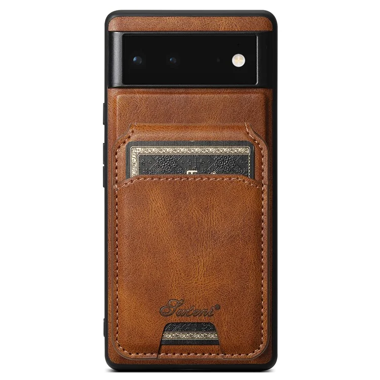 SUTENI H15 For Google Pixel 6a Detachable Back Cover Card Holder Kickstand Phone Case - Brown