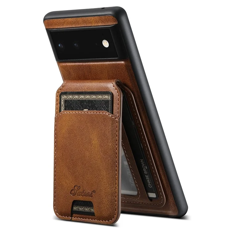 SUTENI H15 For Google Pixel 6a Detachable Back Cover Card Holder Kickstand Phone Case - Brown