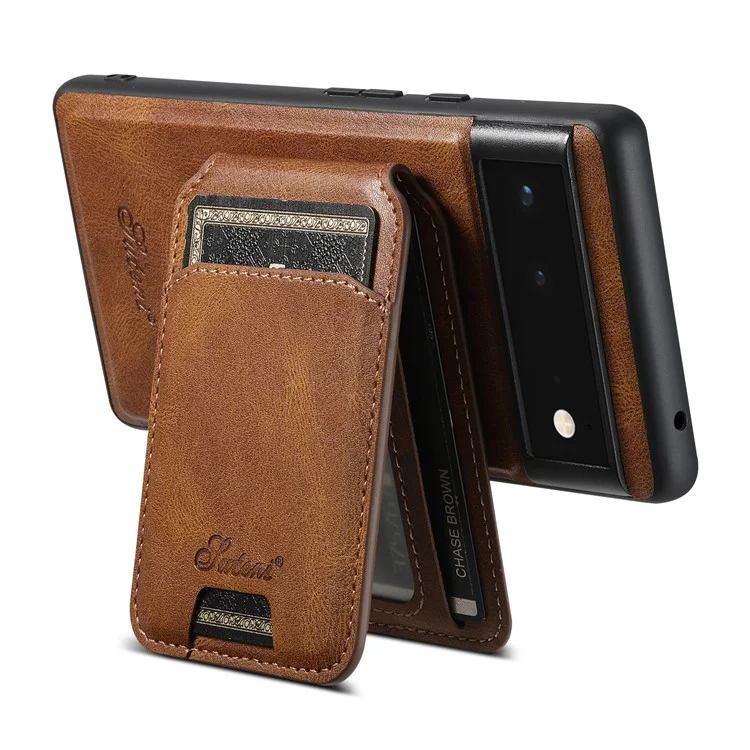 SUTENI H15 For Google Pixel 6a Detachable Back Cover Card Holder Kickstand Phone Case - Brown