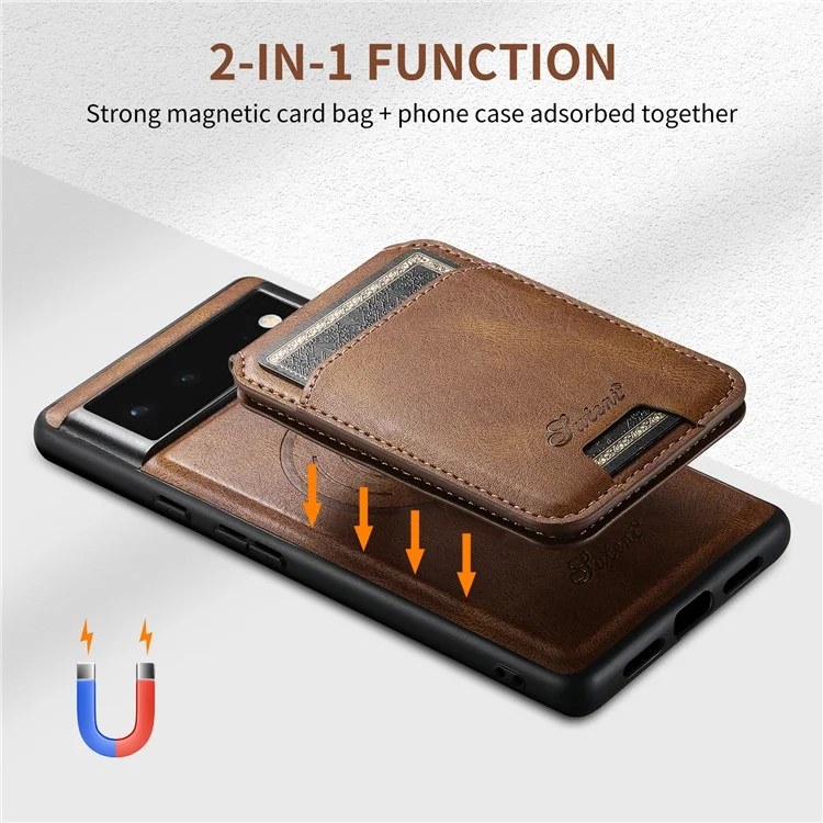 SUTENI H15 For Google Pixel 6a Detachable Back Cover Card Holder Kickstand Phone Case - Brown