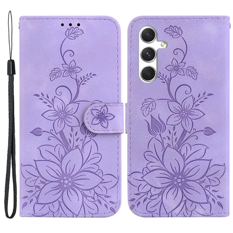 For Samsung Galaxy S24+ Case Wallet Leather Cover with Imprint Flower - Purple