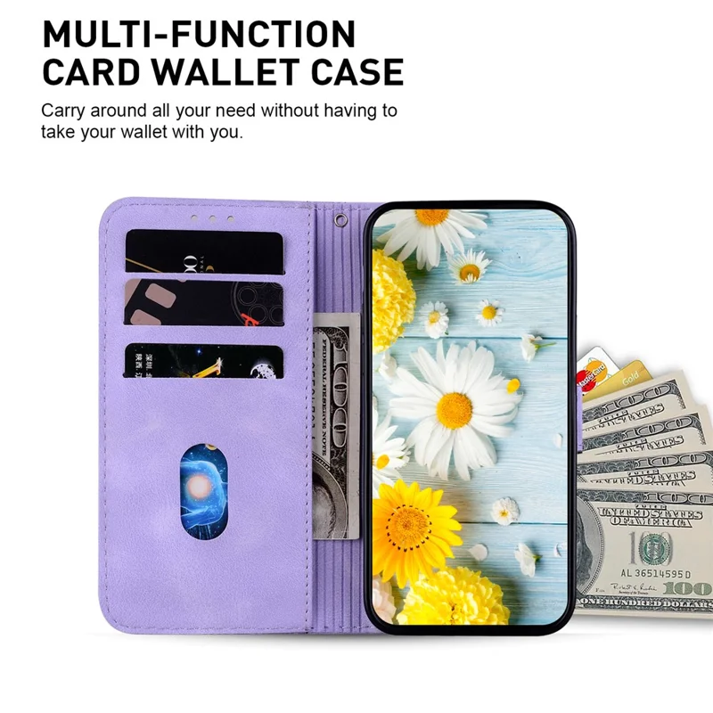 For Samsung Galaxy S24+ Case Wallet Leather Cover with Imprint Flower - Purple