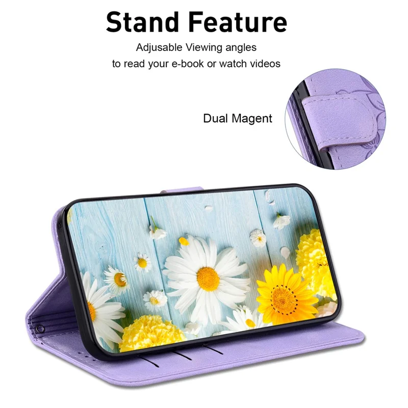For Samsung Galaxy S24+ Case Wallet Leather Cover with Imprint Flower - Purple