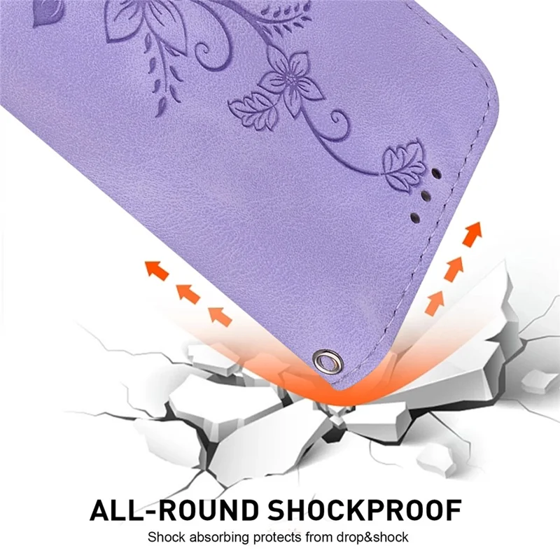 For Samsung Galaxy S24+ Case Wallet Leather Cover with Imprint Flower - Purple