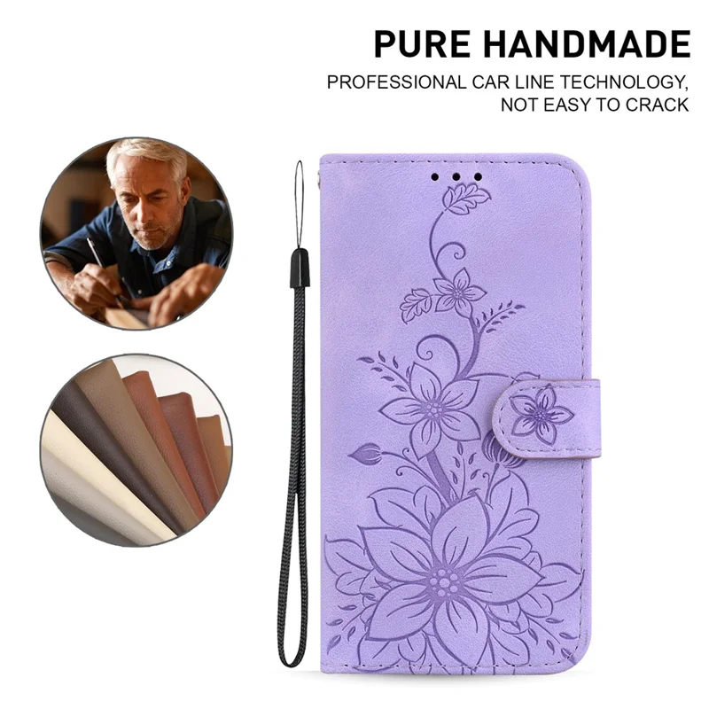 For Samsung Galaxy S24+ Case Wallet Leather Cover with Imprint Flower - Purple