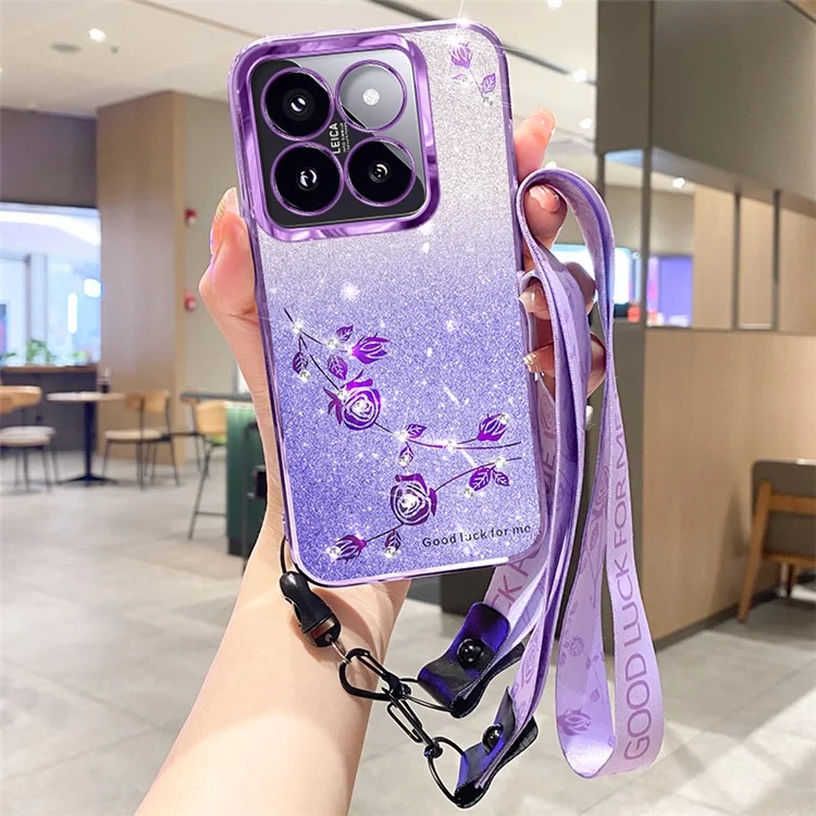 KADEM Pour Xiaomi 14 Pro Étui de téléphone portable Couverture de protection TPU à paillettes avec sangle - Violet