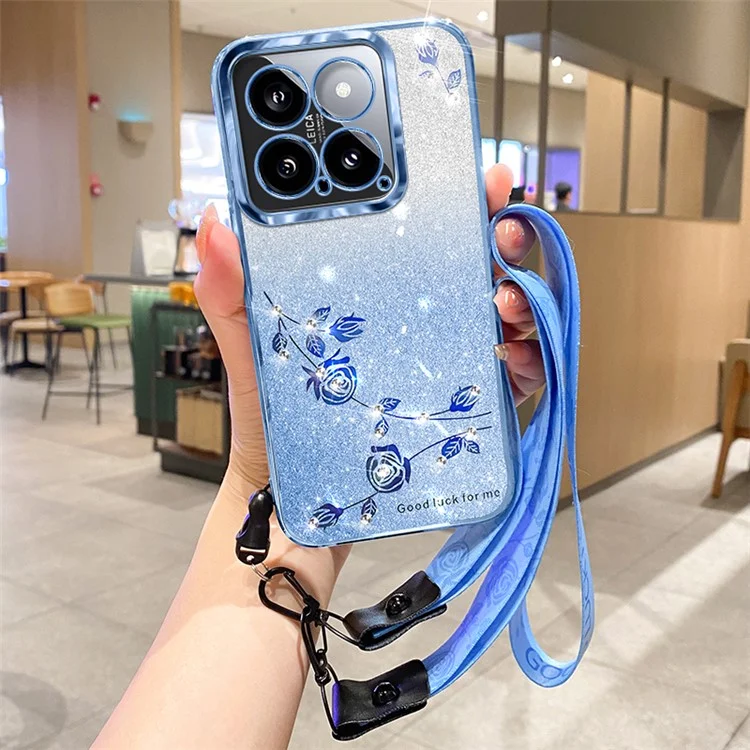 KADEM Para Xiaomi 14 Case Mobile Phone TPU Shell Flower Pattern Protective Cover with Strap - Blue