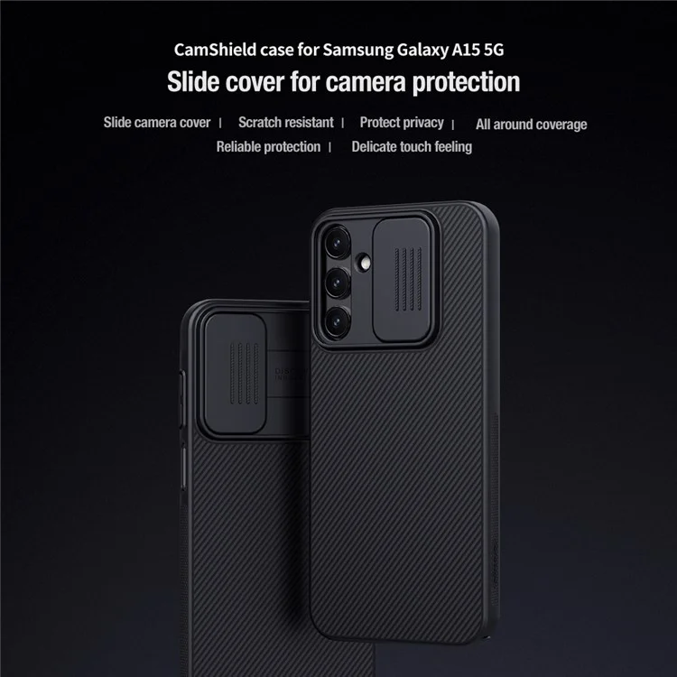 NILLKIN CamShield pour Samsung Galaxy A15 5G / 4G Étui Slim-Fit Hard PC Coque de Téléphone avec Protecteur d'Objectif Coulissant - Noir