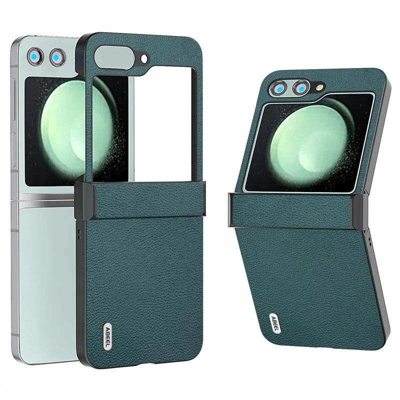 ABEEL For Samsung Galaxy Z Flip5 5G Phone Case Hinge Protection Genuine Cow Leather Back Cover - Midnight Green