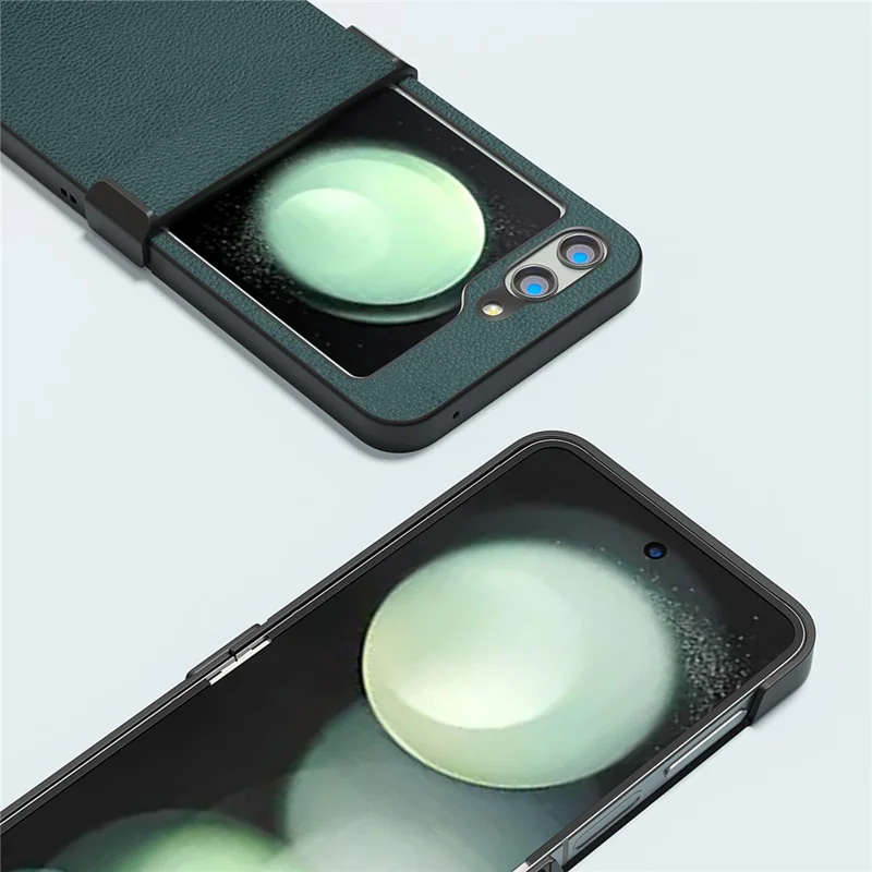 ABEEL For Samsung Galaxy Z Flip5 5G Phone Case Hinge Protection Genuine Cow Leather Back Cover - Midnight Green