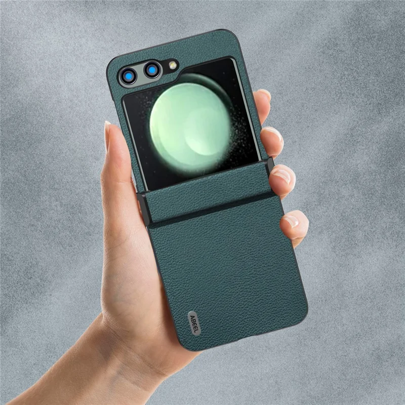 ABEEL For Samsung Galaxy Z Flip5 5G Phone Case Hinge Protection Genuine Cow Leather Back Cover - Midnight Green