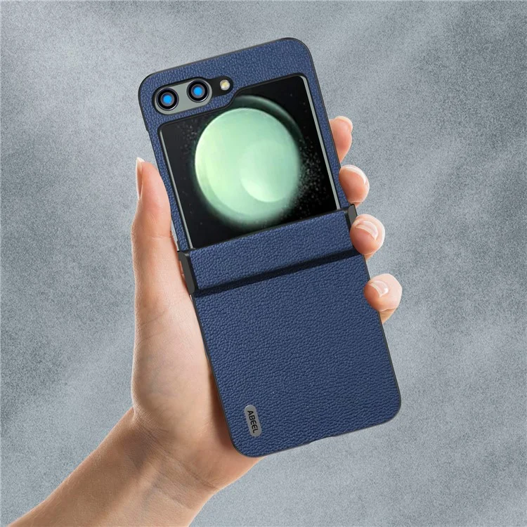 ABEEL For Samsung Galaxy Z Flip5 5G Phone Case Hinge Protection Genuine Cow Leather Back Cover - Blue