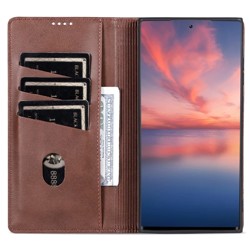 AZNS For Samsung Galaxy S24 Ultra Case Magnetic Suction Leather Phone Cover with Wallet Stand - Coffee