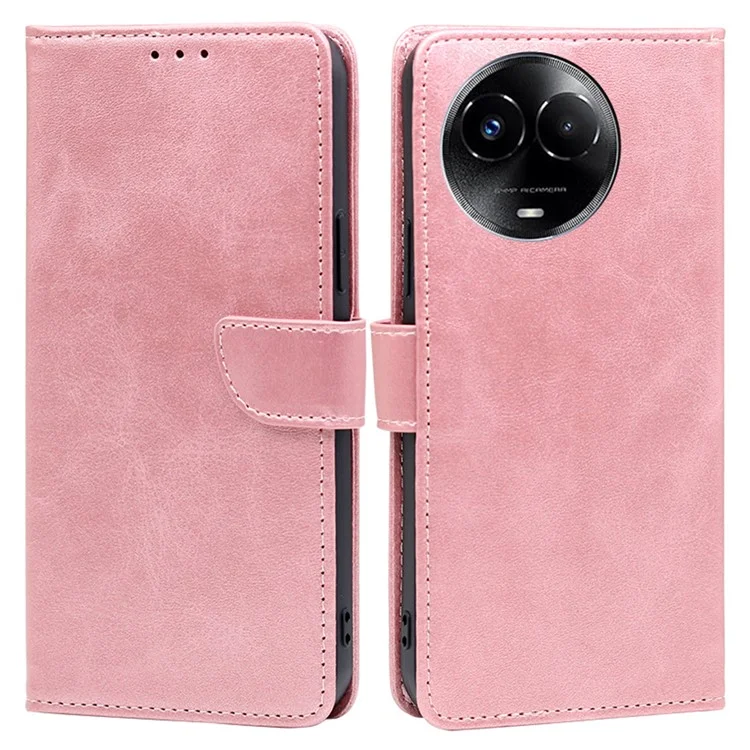 Para Realme 11x 5G / 11 5G (Global) Capa Protetora de Couro PU Textura de Bezerro com Suporte Carteira - Dourado Rosa