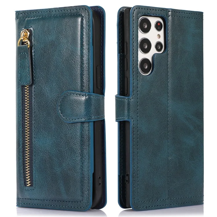 Funda para Samsung Galaxy S24 Ultra Zipper Pocket PU Leather Wallet Stand Phone Cover - Azul