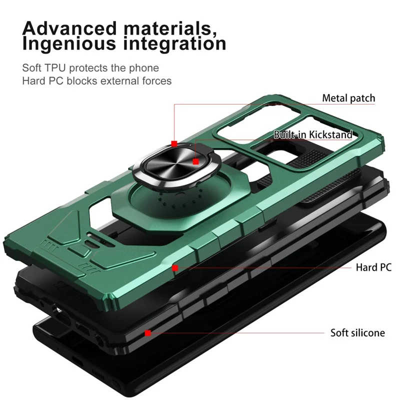 Bulk Purchasing For Samsung Galaxy Note20 5G / Note20 Cover PC+TPU Anti-Drop Ring Kickstand Phone Case - Midnight Green