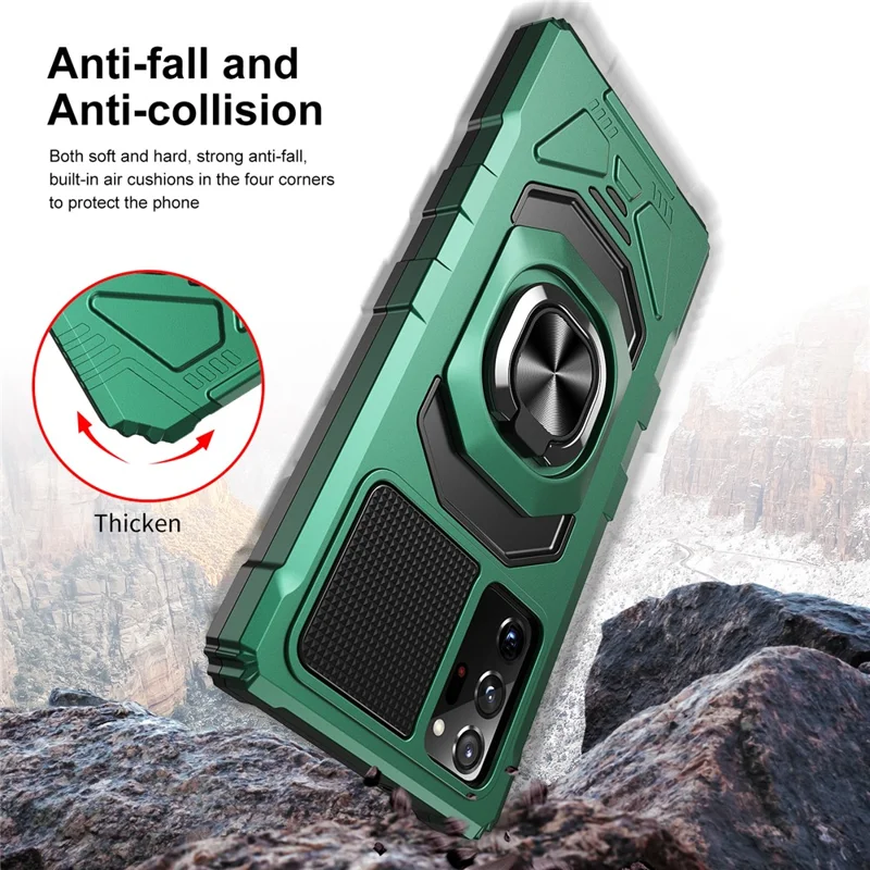Bulk Purchasing For Samsung Galaxy Note20 5G / Note20 Cover PC+TPU Anti-Drop Ring Kickstand Phone Case - Midnight Green